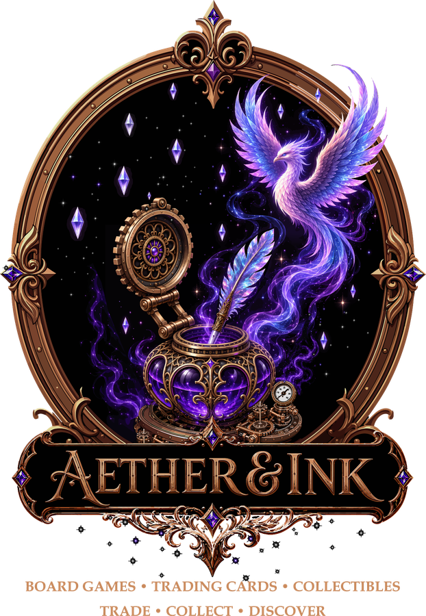 Aether & Ink logo: a violet phoenix rising from an inkwell in a bronze frame. Board games, trading cards, collectibles. Trade, collect, discover.